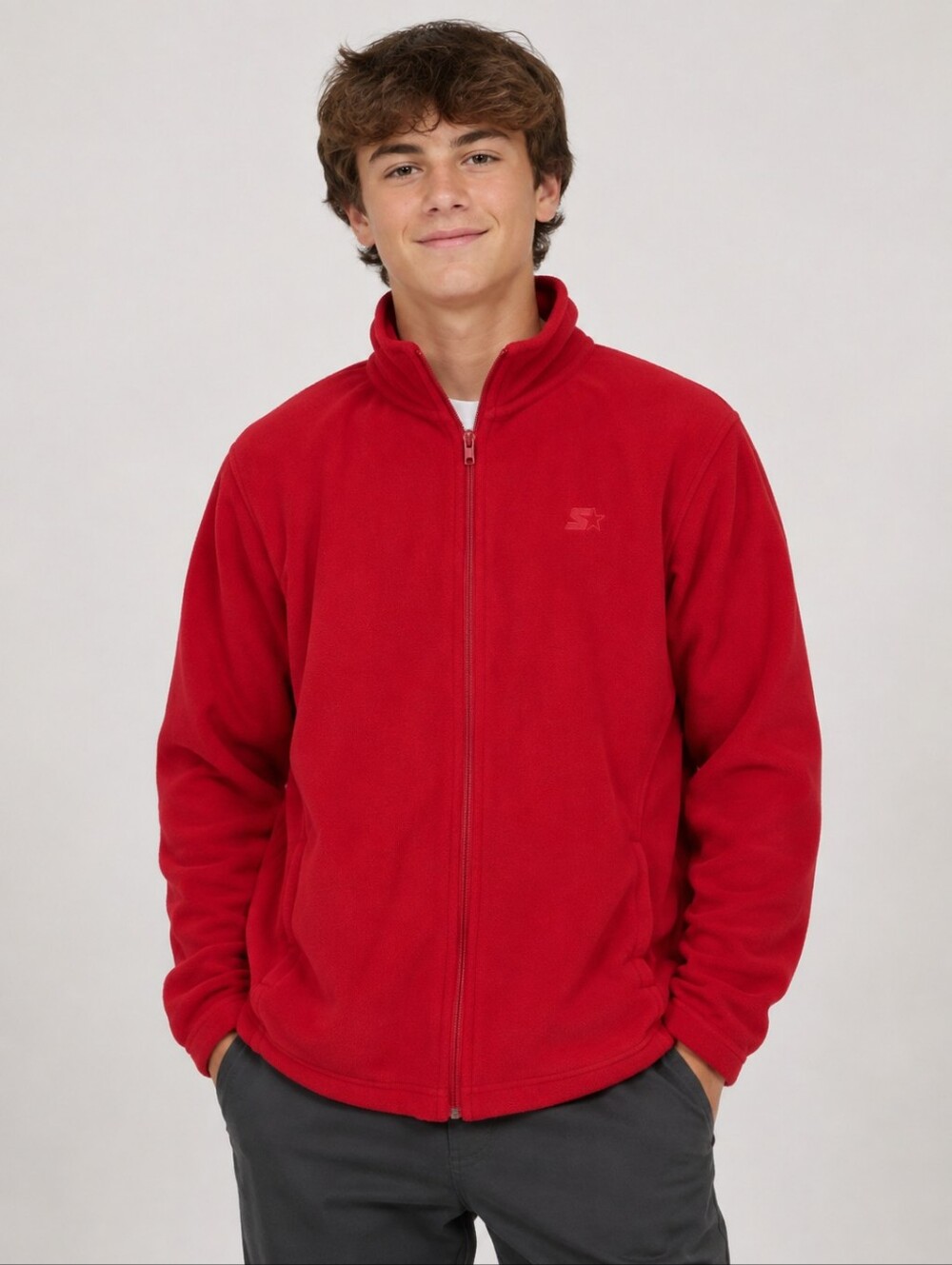 Starter Boys XXL 18 Red Fleece Jacket Full Zip Pop Collar Warm Long Sleeve EUC